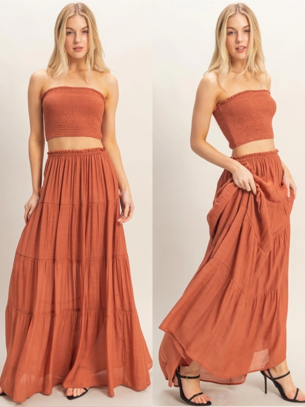 NEW HYFVE Rust Smocked Tube Top & Tiered Maxi Skirt Set Size Large